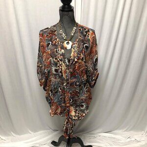 Buffalo Jeans Top Womens Size Medium Peacock Print Dolman Sleeve Sheer Blouse